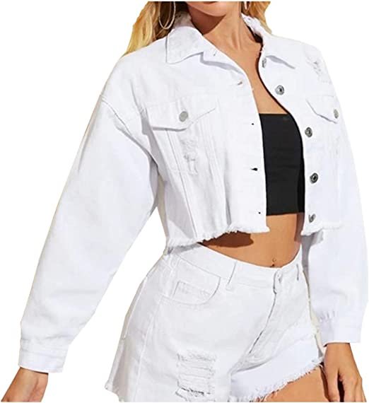 Women Cropped Ripped Distressed Denim Jean Jacket Coat Fringe with Frayed Hem