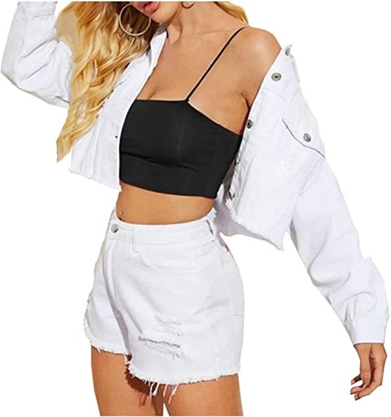 Women Cropped Ripped Distressed Denim Jean Jacket Coat Fringe with Frayed Hem